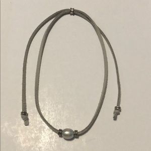 Grey Suede Pull To Tighten Choker With Pearl Bead